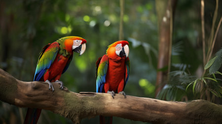 Colorful macaws sitting on a branch in the rainforest.の素材