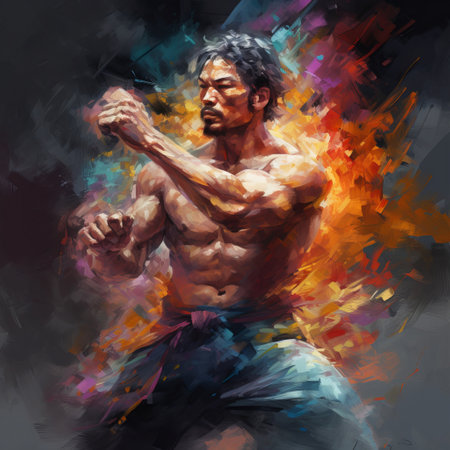Digital painting of a man with a fighting stance on a dark background.の素材