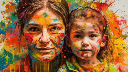 Portrait of a mother and daughter covered with multicolored paintの素材