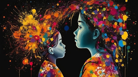 Double exposure portrait of two beautiful young girls with colorful splashes on black backgroundの素材