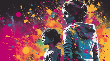 Portrait of mother and daughter with colorful paint splashes on their facesの素材