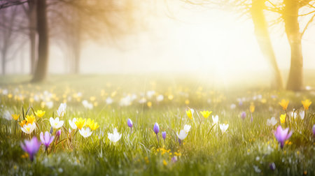 Spring meadow with crocuses and daffodils.の素材