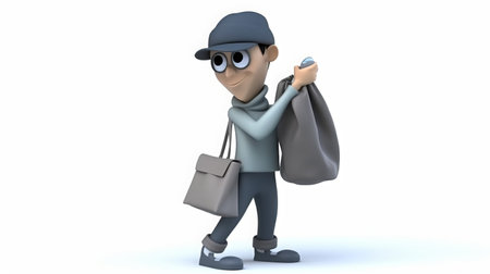 3D illustration of a thief man carrying money bags in his handsの素材