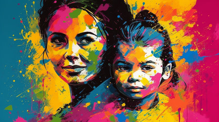 Portrait of mother and daughter with colorful paint splashes on their facesの素材