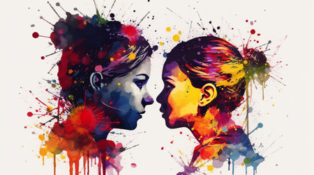 Portrait of mother and daughter with colorful paint splashes on their facesの素材
