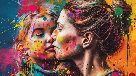 Portrait of a mother and daughter with colorful paint splashes.の素材
