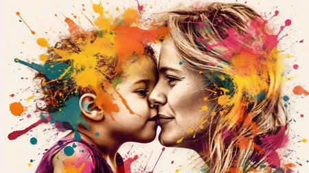 Portrait of a mother kissing her daughter with colorful paint splashesの素材