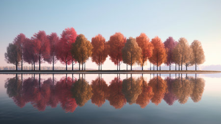 Autumn trees reflected in the lake. 3d render illustration.の素材