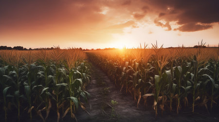 Sunset over corn field. Beautiful rural landscape. Vintage style.の素材