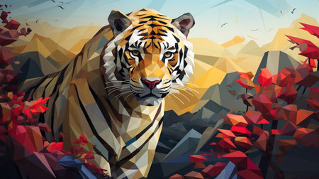 tiger on the background of a mountain landscape, vector illustration,の素材