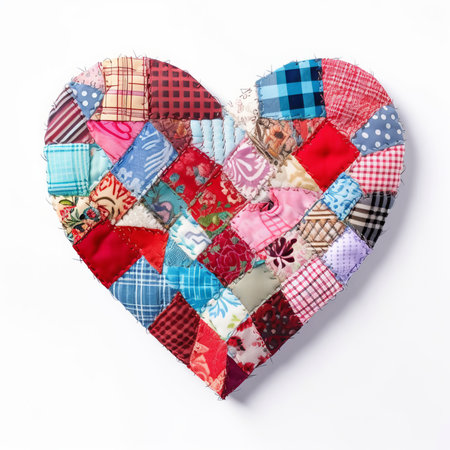 Colorful patchwork heart shape isolated on white background. Clipping path included.の素材