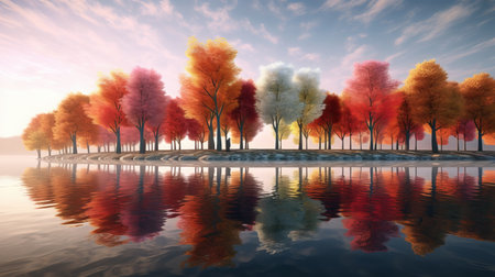 Autumn landscape with trees and lake. 3d render illustration.の素材