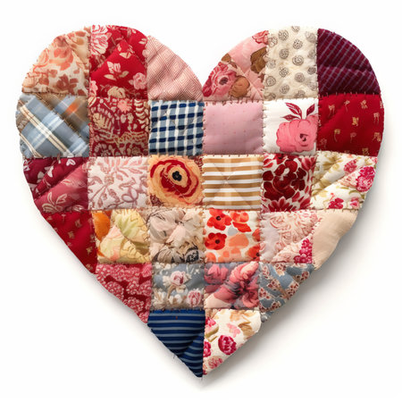 Colorful patchwork pattern in the shape of a heart on white backgroundの素材