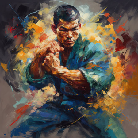 Abstract oil painting of a kung fu fighter. Colorful abstract painting on canvas. Jiu jitsu fighter athlete.の素材