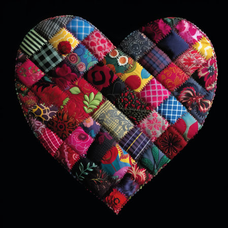 Patchwork heart on black background. Colorful patchwork pattern.の素材