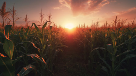 Sunset over a corn field. 3d render, 3d illustration.の素材