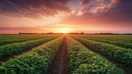Soybean field at sunset. Beautiful summer landscape with sunset.の素材