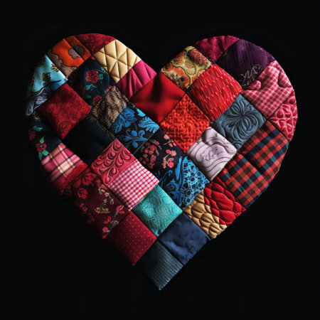 Colorful patchwork quilt in heart shape isolated on black backgroundの素材