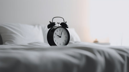 Alarm clock on the bed in the morning. Selective focus.の素材
