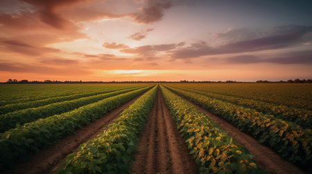 Sunset over soybean field. Agricultural landscape. panoramic viewの素材