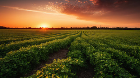 Green soybean field at sunset. Agricultural landscape with sun rays.の素材