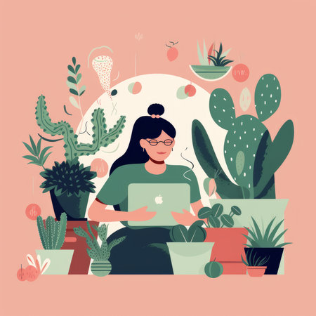 Woman working at home with laptop and cacti. vector illustrationの素材