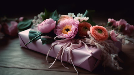 Beautiful bouquet of flowers and gifts on a wooden background.の素材