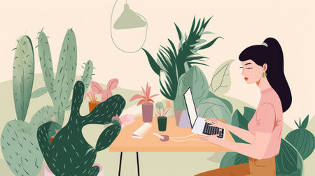 Freelance woman working at home. Freelance concept. vector illustrationの素材