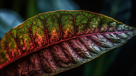 Closeup of a leaf with colorful veins and patterns in a tropical gardenの素材