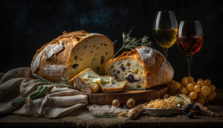 Ciabatta bread with grapes and wine on a dark backgroundの素材