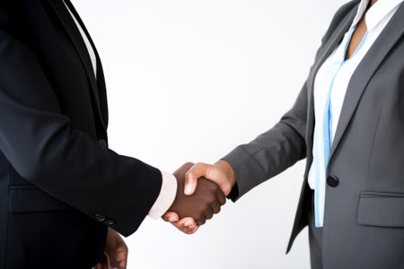 Close-up of business people shaking hands over white background. business conceptの素材