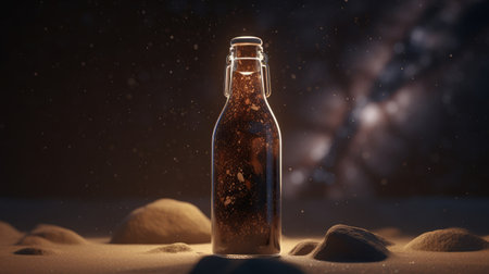 The universe inside a bottle of beer in the sand on a dark background. 3d renderingの素材