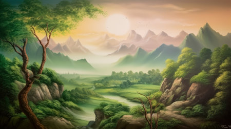 Fantasy landscape with mountains, river and forest. Digital painting.の素材