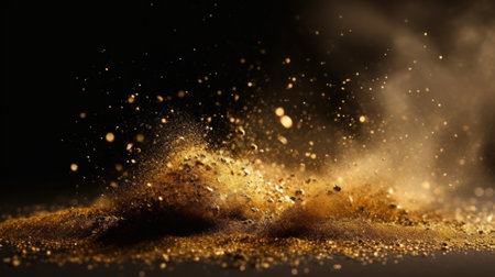 Gold dust explosion on a black background. 3d rendering, 3d illustration.の素材