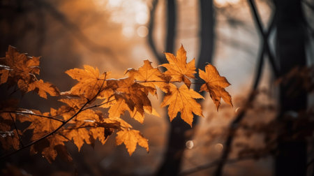 Autumn leaves in the forest with sun rays and bokehの素材