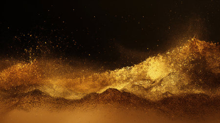 Golden sand explosion on black background. 3D rendering. Digitally generated image.の素材