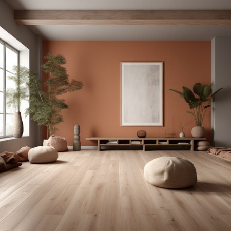 Interior of modern living room with orange walls, wooden floor, orange sofa and coffee table. 3d renderの素材