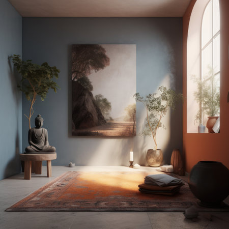 Buddha image in a room with a blue wall. 3d renderingの素材