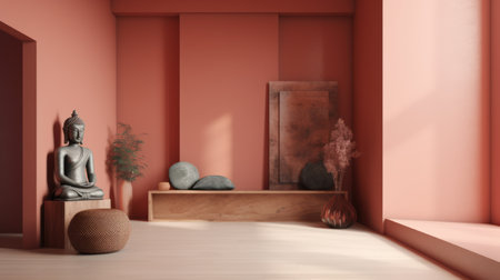 3d rendering of a Buddha statue in a room with red wallsの素材