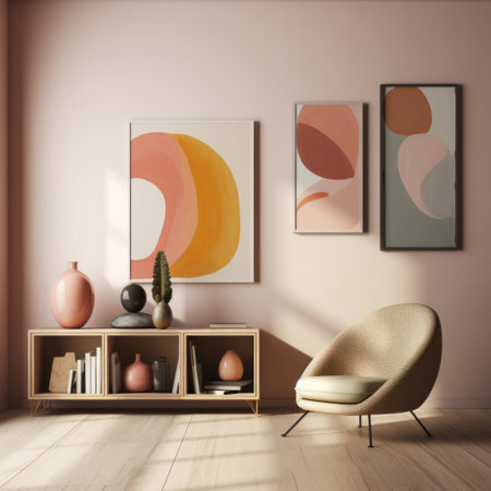 Interior of modern living room with beige walls, wooden floor, beige armchair and abstract paintings. 3d renderの素材