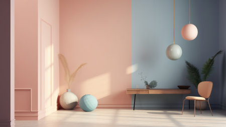 Interior of modern living room with pink and blue walls, wooden floor, 3d renderの素材
