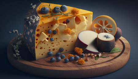 Cheese collection on a wooden board. 3d render illustration.の素材