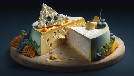 Cheese collection, cheeses on a wooden board with blueberries and grapesの素材