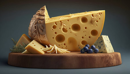 Various types of cheese on a wooden board. 3d illustration.の素材