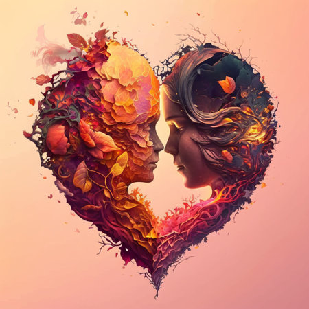 Double exposure portrait of a beautiful woman in profile and heart made of colorful autumn leaves. Love concept. Valentines day.の素材