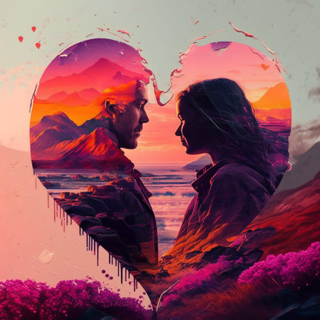 Double exposure of man and woman looking at the mountains in the heart. Heart shape. Love concept.の素材