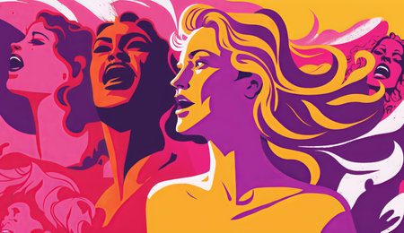 Vector illustration of a group of women with different hairstyles and facial expressionsの素材