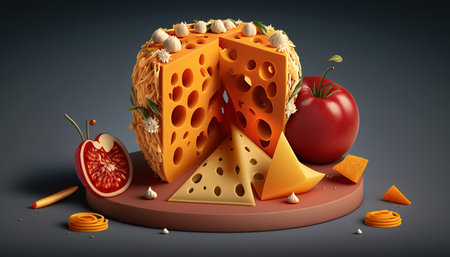 Cheese composition with fruits and nuts on dark background. 3d illustrationの素材