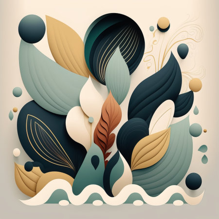 Abstract wavy background with colorful leaves and waves. Vector illustration.の素材