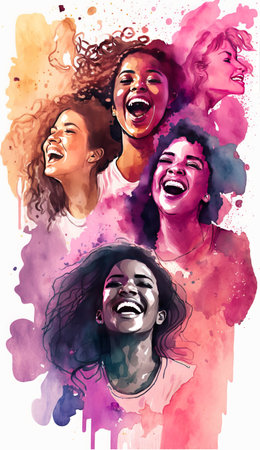 Group of happy African American women on abstract watercolor background.の素材